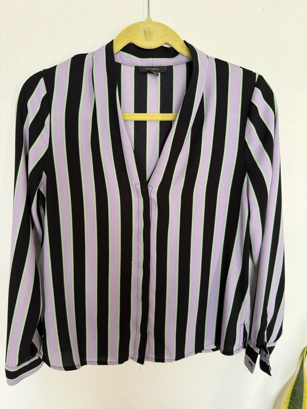 Halogen Vertical Stripe V-Neck Blouse in Lavender and Black